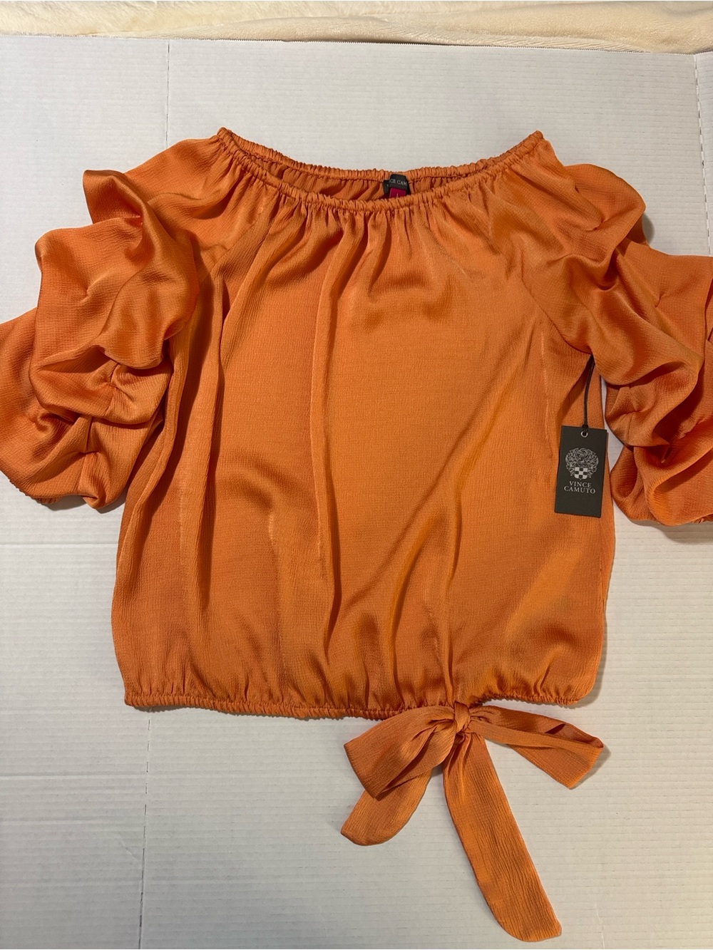 Vince Camuto Orange Off-Shoulder Puff Sleeve Tie-Waist Blouse 132